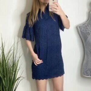 Banana Republic Womens Floral Lace Flutter Sleeve Shirtdress Navy Blue Size XS